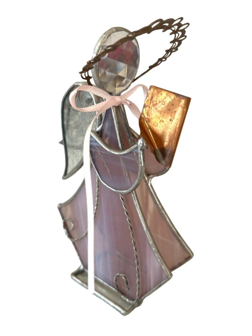 Stained Glass Choir Angel Figurine Pink Clear Crystal Christmas Holiday Decor